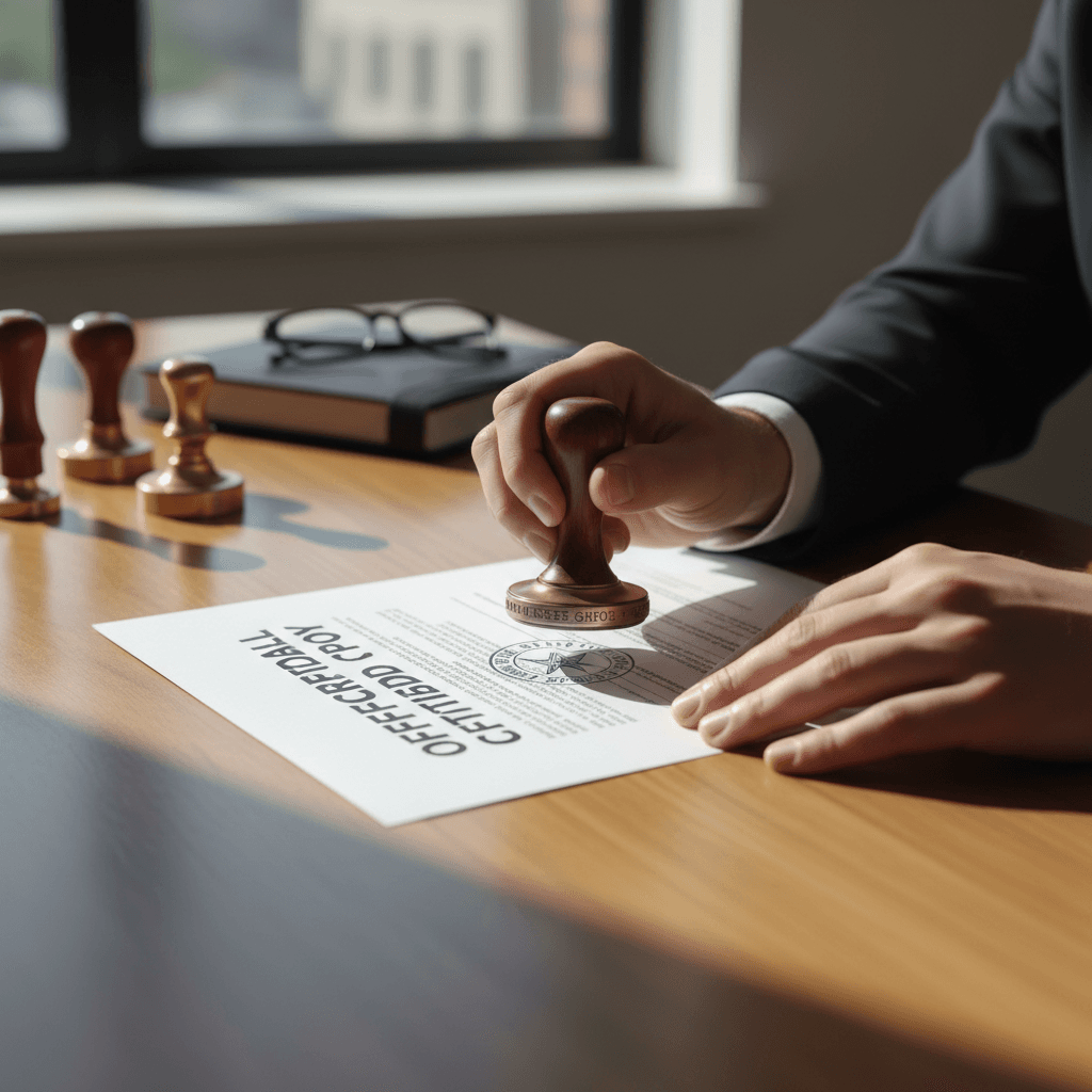 Notary public's hands carefully stamping and verifying official document on wooden desk with notary seal visible